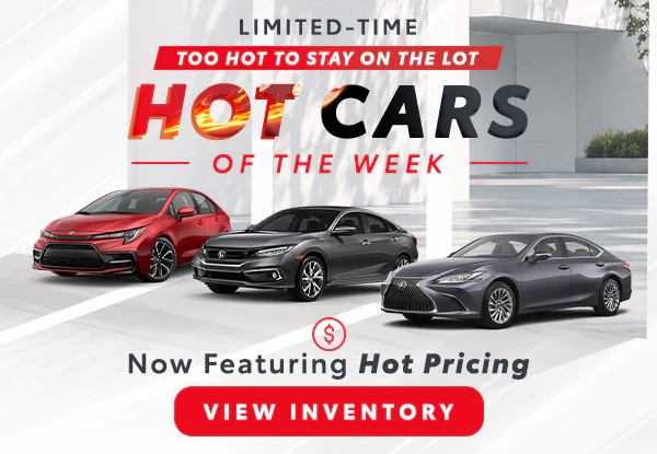 Promotional banner "Hot Cars of the Week" featuring a red sedan, a gray sedan, and a dark gray luxury sedan with a "View Inventory" call-to-action button.
