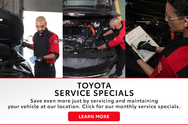 Toyota technicians performing vehicle service with Toyota Service Specials banner and Learn More button